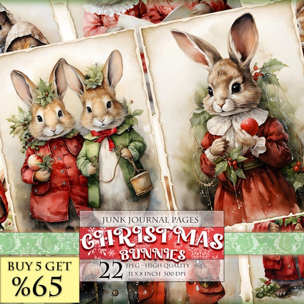 Christmas Bunnies Watercolor Junk Journal Pages, Labels, ATC, 22 JPG - 11X8 inch, Instant download and printable, Digital collage sheet