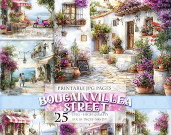 Bougainvillea Street, Summer Landscape, Printable HQ 25 JPG image, Watercolor Junk Journal Folio Pages Scrapbook Ephemera, Instant download.