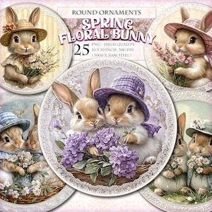 May include: Set of 25 round spring floral bunny ornaments. Each ornament features a cute bunny with a floral crown and a purple, pink, or blue hat. The bunnies are surrounded by spring flowers and greenery. The ornaments are 10 inches in diameter and 300 DPI.