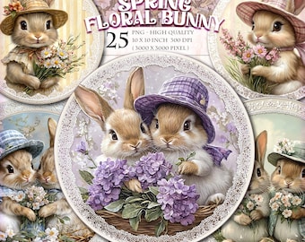 Spring Floral Bunny 25 Round Clipart, Vintage Rabbit Ornaments with Lace Borders for Junk Journals, Easter Digital Stickers & Nursery Decor