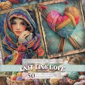 Knitting Love, druckbare 50 JPG Bild, Sammelalbum, häkeln Papier Kit, shabby chic druckbar, Vintage Ephemera, Wolle Handwerk Collage Sheet