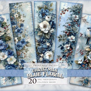 May include: Printable digital paper pack featuring 20 blue floral designs with a winter theme. The designs are 6.5 inches wide and 300 DPI. The text "Christmas Blue Floral" is in the center of the image.