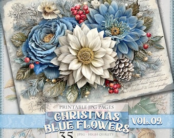 Christmas Blue Flowers Vol.02, Printable 35 JPG image, Floral Journal Winter Clipart Ephemera Pages Postcard Art Poster, instant download.