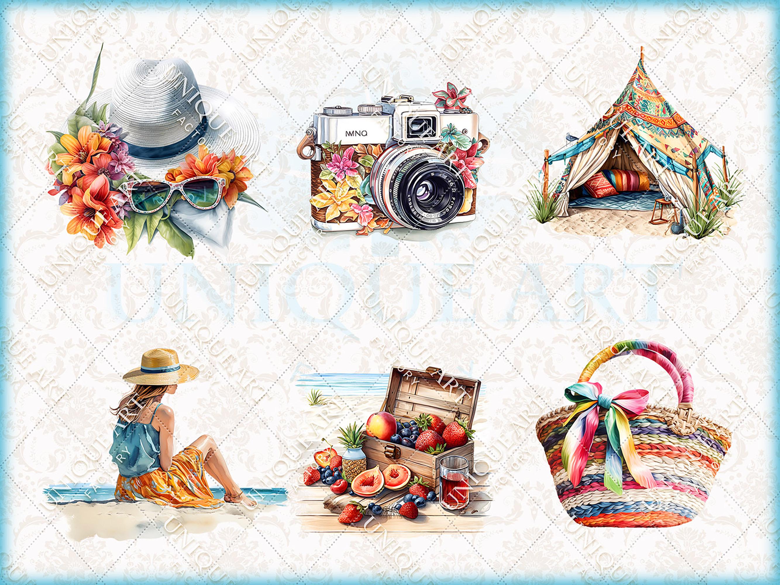 Summer Beach - Colorfully, Watercolor Clipart Bundle, 32 HQ Printable ...