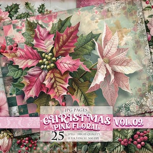 クリスマス ピンクの花柄の背景 Vol.02、印刷可能な 25 枚の高画質 JPG 画像、スクラップブック、ジャンク ジャーナル、ポストカード、デコパージュ、水彩画、即時ダウンロード。