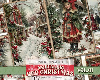 Nostalgic Red Christmas Vol.01, Printable Junk Journal Kit, Digital Pages, Tags, Labels, ATC, 27 JPG 11X8,5 inch images Instant download.