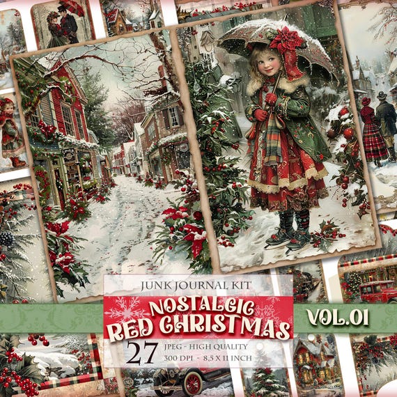 Nostalgic Red Christmas Vol.01, Printable Junk Journal Kit, Digital Pages, Tags, Labels, ATC, 27 JPG 11X8,5 inch images Instant download.
