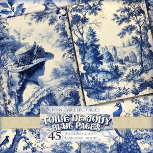 Blue Toile De Jouy Junk Journal Folio, 45 imagens JPG para impressão, kits digitais French Toile, kit de colagem de itens efêmeros, download instantâneo.