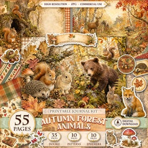 May include: A printable journal kit titled Autumn Forest Animals featuring 55 pages of woodland imagery including a brown bear, fox, squirrel, rabbit, and hedgehog surrounded by autumn leaves, mushrooms, and acorns in a warm, rustic color palette.