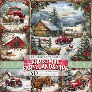 Könnte beinhalten: Eine Collage von Weihnachtsbauernhof-Landschaftsbildern. Die Bilder zeigen rote Lastwagen, Scheunen, Schafe, Pferde und Traktoren in einer verschneiten Umgebung. Der Text "CHRISTMAS FARM LANDSCAPE" ist zu sehen.