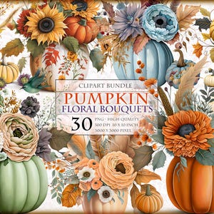 Pumpkin Floral Bouquets, Autumn, Watercolor Clipart Bundle, HQ Printable, PNG format, instant download.