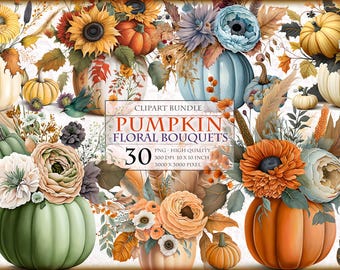 Pumpkin Floral Bouquets, Autumn, Watercolor Clipart Bundle, HQ Printable, PNG format, instant download.