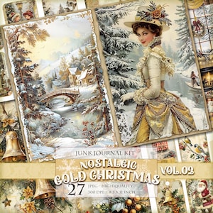 ノスタルジック ゴールド クリスマス Vol.02、印刷可能なジャンク ジャーナル キット、デジタル ページ、タグ、ラベル、ATC、27 枚の JPG エフェメラ画像、即時ダウンロード。