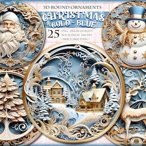 3D Weihnachten Runde Ornamente, Blau und Gold, Runde Clipart Bundle, 25 QUARZ druckbare PNG Bild, Türschild Kränze, sofort-Download.