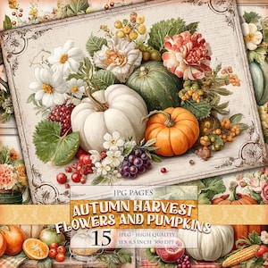 Flores y calabazas de la cosecha de otoño, imagen imprimible de 15 JPG, páginas de diario basura vintage, arte efímero digital, decoupage, descarga instantánea.
