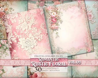 Romantic Rustic Floral Pages Vol.02, Watercolor Scrapbook Collage Sheets, Printable 30 Single Page JPG - 11X8.5 inch, Instant download.
