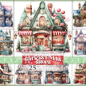 Puede incluir: Un conjunto de 25 ilustraciones digitales de tiendas de Navidad. Cada tienda es un diseño único y caprichoso con una variedad de colores y detalles. Las tiendas están decoradas con luces de Navidad, guirnaldas y otras decoraciones festivas. Las ilustraciones son perfectas para crear tarjetas navideñas, invitaciones u otros proyectos festivos.