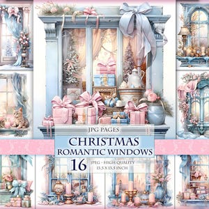Weihnachten romantische Fenster, Aquarell bedruckbare Seiten, Einladung, Postkarte, Scrapbook Bild, Sofort download.