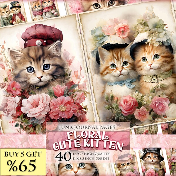 Floral Cute Kitten, Watercolor Junk Journal Kit, 40 JPG - 11X8,5 inch, Instant download and printable, Digital collage sheet