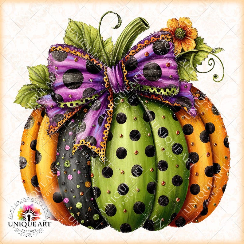 May include: A decorative pumpkin with a purple bow featuring black polka dots. The pumpkin is divided into sections of orange, black, and green, each with black polka dots. The image includes the text "UNIQUE ART FACTORY".