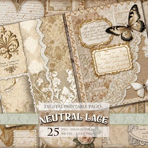 Hojas de collage de diario basura y álbum de recortes de acuarela con encaje neutro, 25 páginas individuales imprimibles en formato JPG - 11 x 8,5 pulgadas, descarga instantánea.