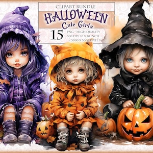 ハロウィーンのかわいい女の子、水彩画のクリップアート、印刷可能な 15 枚の PNG 画像、ジャンク ジャーナル スクラップブック ファジー カット ステッカー昇華、即時ダウンロード。