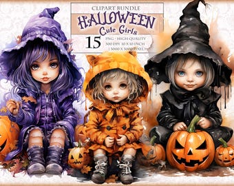 Jolies filles d&#39;Halloween, clipart aquarelle, image PNG imprimable 15, Junk Journal scrapbooking coupe soignée autocollant sublimation, téléchargement immédiat.
