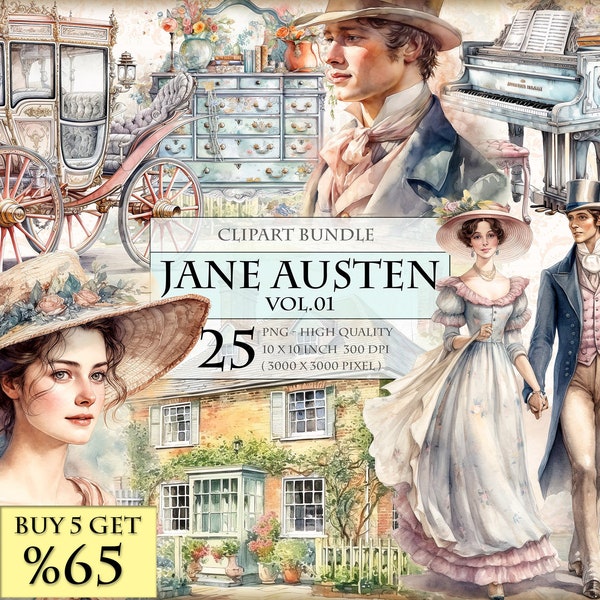 Jane Austen Vol.01 romantique - Bundle de cliparts aquarelle vintage - Sens et sensibilité - Téléchargement instantané au format PNG imprimable HQ