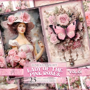 Lady Of The Pink Roses, Donne Romantiche, Kit diario di spazzatura ad acquerello, 25 JPG - 11X8,5 pollici, Download immediato, Foglio di collage digitale stampabile