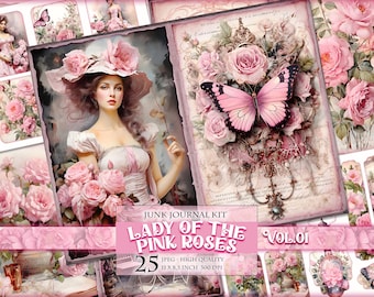 Dama de las Rosas Rosadas, Mujeres Románticas, Kit de Diario Creativo en Acuarela, 25 JPG - 11 x 8.5 pulgadas, Descarga instantánea, Hoja de collage digital imprimible