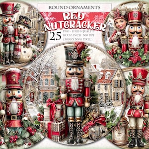 Può includere: Una collezione di ornamenti natalizi rotondi con schiaccianoci rossi e scene invernali. Gli ornamenti includono il testo "RED NUTCRACKER" e "25". Ogni ornamento misura 25,4 x 25,4 cm.