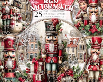 Red Nutcracker Round Clipart, Printable 25 PNG image, Decorative Gift Ornament Fussy Cuts Sticker Door Hanger Wreath Sign, instant download