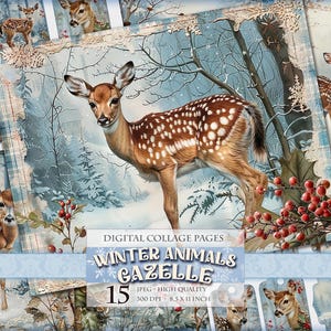 Animaux d'hiver - Gazelle, paysage enneigé, image imprimable HQ 15 JPG, journal indésirable, scrapbooking, éphémères coupes difficiles Clipart téléchargement immédiat.