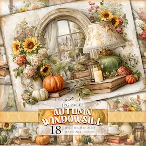 May include: A digital art print featuring a vintage autumn scene. The image includes a window with a view of a town, sunflowers, pumpkins, a lamp, and books. The text "AUTUMN WINDOWSILL" and "18" are visible. The print size is 11 x 8.5 inches.