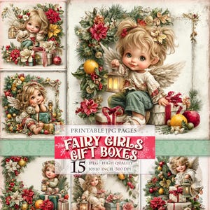 May include: A digital collage featuring illustrations of fairy girls with angel wings, surrounded by Christmas decorations and gift boxes. The text "FAIRY GIRLS GIFT BOXES" is displayed on a pink banner, along with "15" and "10x10 inch - 300 DPI".
