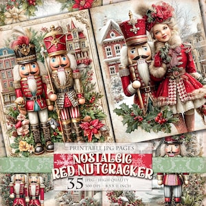 Nostalgic Red Nutcracker, Christmas Landscapes, Printable 35 JPG image page, vintage journal ephemera postcard decoupage, instant download.