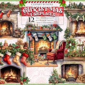 Chimenea navideña, regalos y adornos, paquete de imágenes prediseñadas de acuarela, 12 PNG imprimibles de alta calidad, imagen de sublimación transparente, descarga instantánea