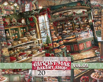 May include: A digital collage of 20 images featuring a Christmas bakery shop. The shop is decorated with greenery, red bows, and Christmas lights. The bakery is filled with pastries, cakes, and other treats. The text "JPG PAGES CHRISTMAS BAKERY SHOP VOL.02 20 JPEG - HIGH QUALITY 8.5 X 11 INCH 300 DPI" is displayed at the bottom of the collage.