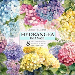 Flores de hortensia en un jarrón - Flores de hortensia para invitación de boda - Paquete de imágenes prediseñadas de acuarela - Formato PNG imprimible de alta calidad