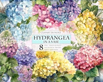 Hydrangea flowers in a vase - Hydrangea flowers for wedding invitation - Watercolor ClipArt Bundle - HQ Printable PNG format