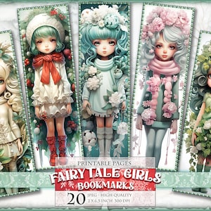 Fairytale Girls Bookmarks, Watercolor Digital Sheets, 2x6,5 inch 20 bookmarks in 4 printable JPG pages, Instant download.