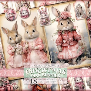 Weihnachten rosa Bunnies, bedruckbares 18 JPG Bild, Aquarell Junk Journal Seiten, Ephemera, Scrapbook Fussy Schnitte Handwerk machen Sofortiger Download.