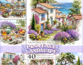 Provence Landscapes Clipart Set, Printable 40 JPEG image, Wildflower Meadow Scenes, Floral Rustic Cottage Art Countryside (Digital Download)