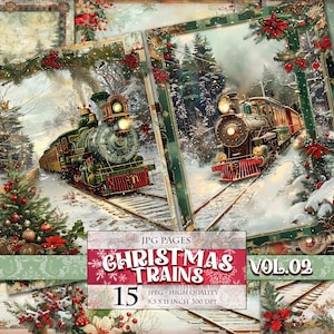 Trens de Natal Vol.02, Páginas de Scrapbook para Imprimir, Imagens Digitais em Aquarela, Diário de Lixo, Cartão Postal, Criação de Decoupage, Download Instantâneo.