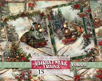 Könnte beinhalten: Eine digitale Collage aus 15 Bildern mit Weihnachtszügen im Vintage-Stil in einer verschneiten Winterlandschaft. Die Bilder sind mit einem grün-weißen Rahmen versehen und enthalten den Text "JPG PAGES CHRISTMAS TRAINS VOL.02 15 JPEG - HIGH QUALITY 8.5 X 11 INCH 300 DPI".