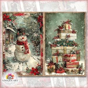May include: A vintage Christmas card featuring a snowman standing in a snowy landscape with a red scarf and hat. On the right side of the card, a stack of wrapped presents with red and green ribbons is decorated with red berries.