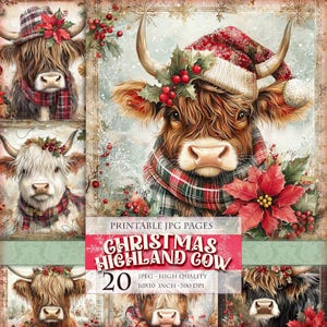 Highland Kuh Weihnachten, 20 JPG Cliparts, Scrapbook Papier, Junk Journals, Junk Journals, Junk Journals, Decoupage Postkarten, Sofort Download.