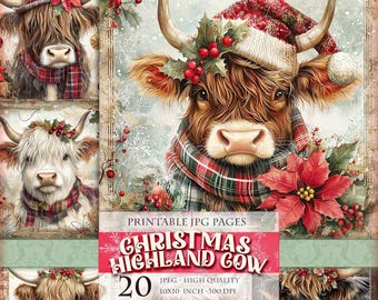 Christmas Highland Cow, Printable 20 HQ JPG clipart, scrapbook junk journal fussy cut ephemera decoupage postcard image instant download.