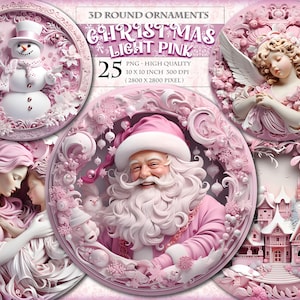 3D Weihnachten Runde Ornamente, hellrosa, Clipart Bundle, 25 QUARZ druckbare PNG Bild, Türhänger Kränze Zeichen, sofortiger Download.