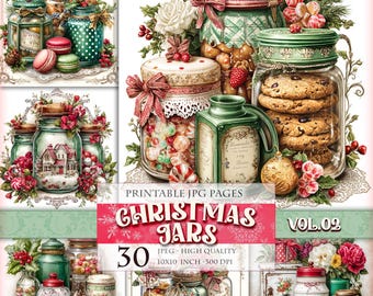 Christmas Jars Vol.02, Printable 30 JPG image, Digital Art Vintage Kitchen Junk Journal Ephemera Decoupage Clipart, instant download.